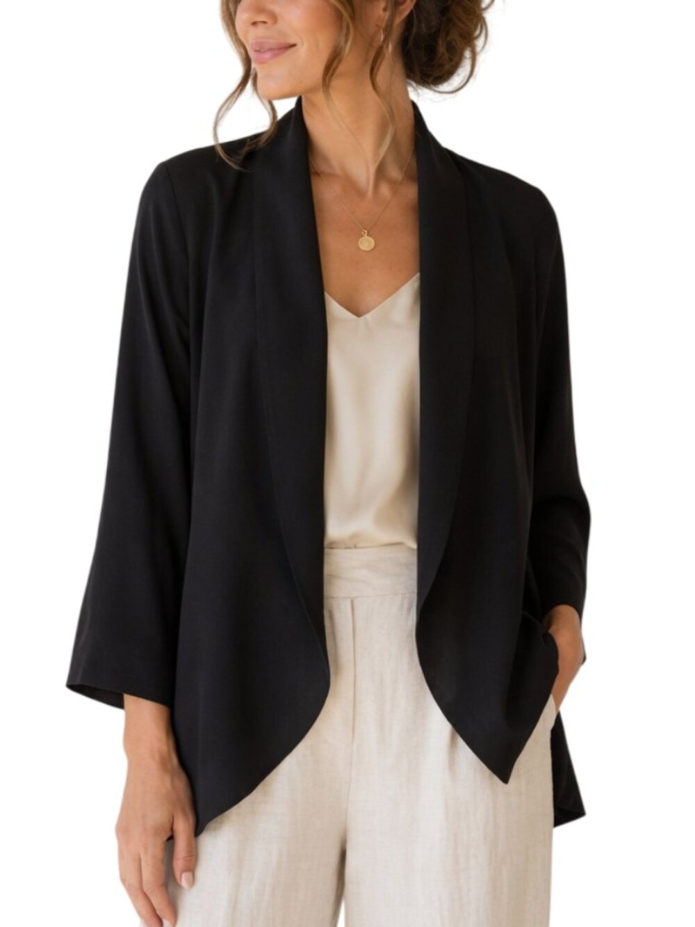 Eileen Fisher Silk Blend Front Drape Cardigan Black XL